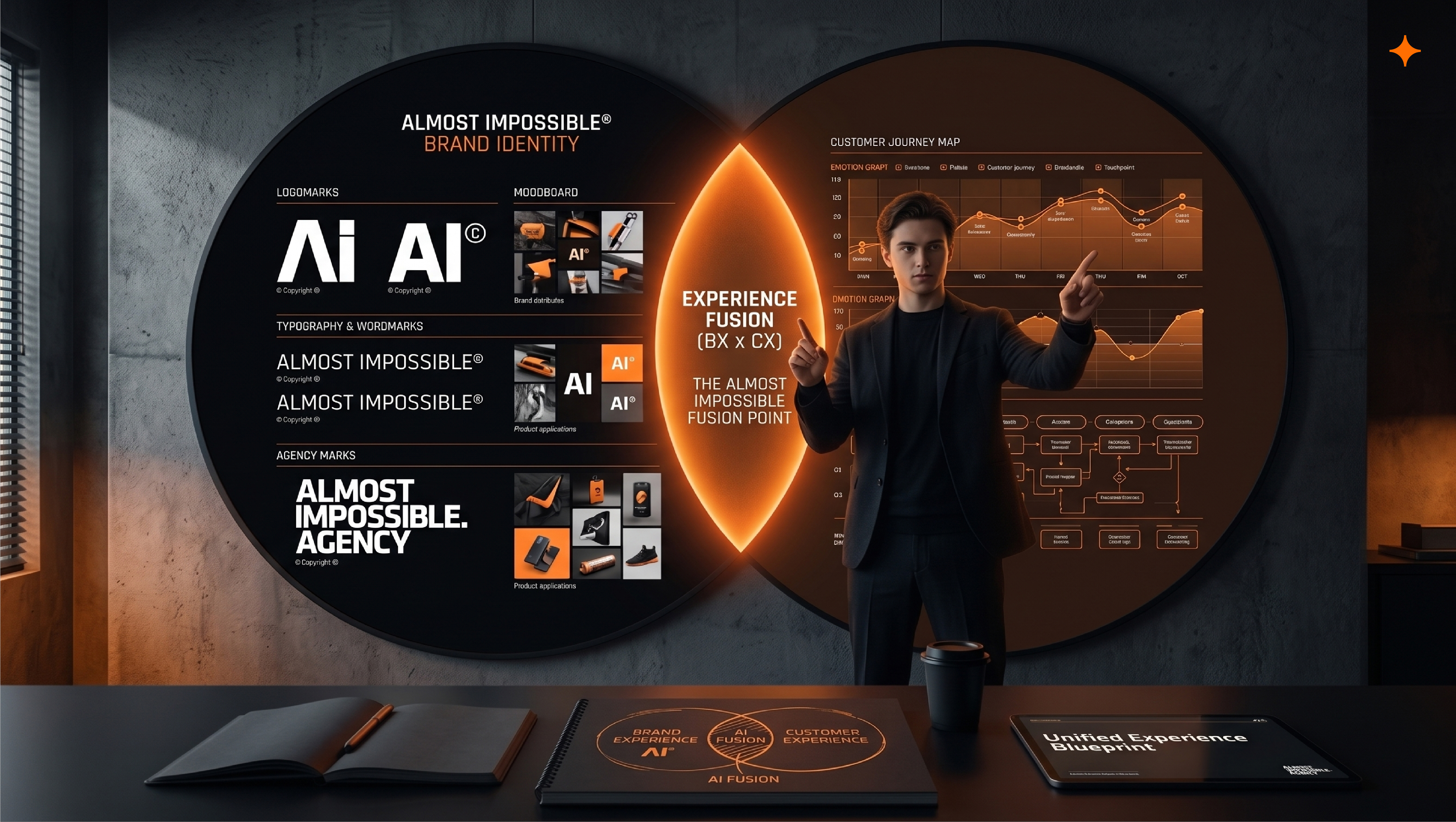 Total Experience design visual showing how Brand Experience (BX) and Customer Experience (CX) merge into a unified journey across digital, physical, and service touch-points