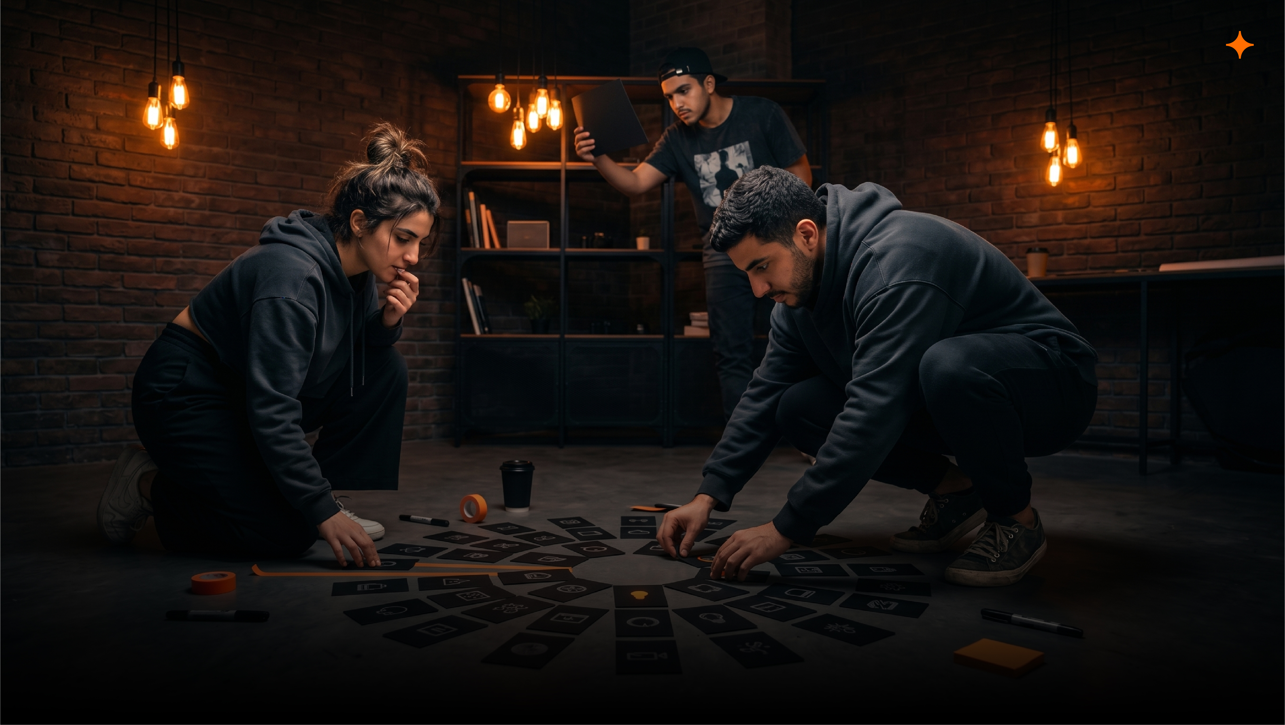     Design team prototyping an immersive experience by mapping an interactive journey on the floor, testing the loop before full production