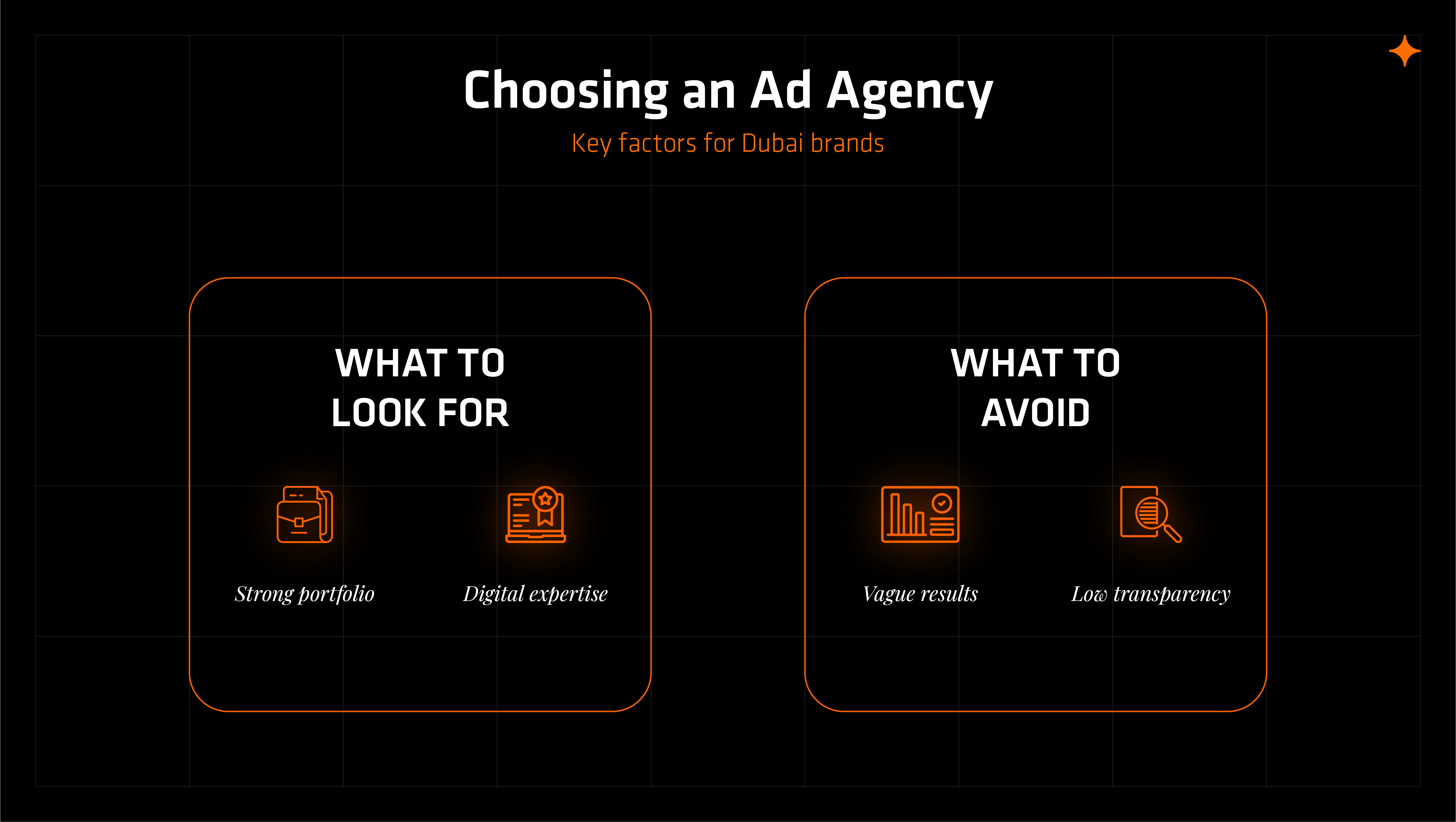     Advertising company evaluation criteria graphic focused on portfolio depth, strategic creativity, and measurable outcomes in the UAE