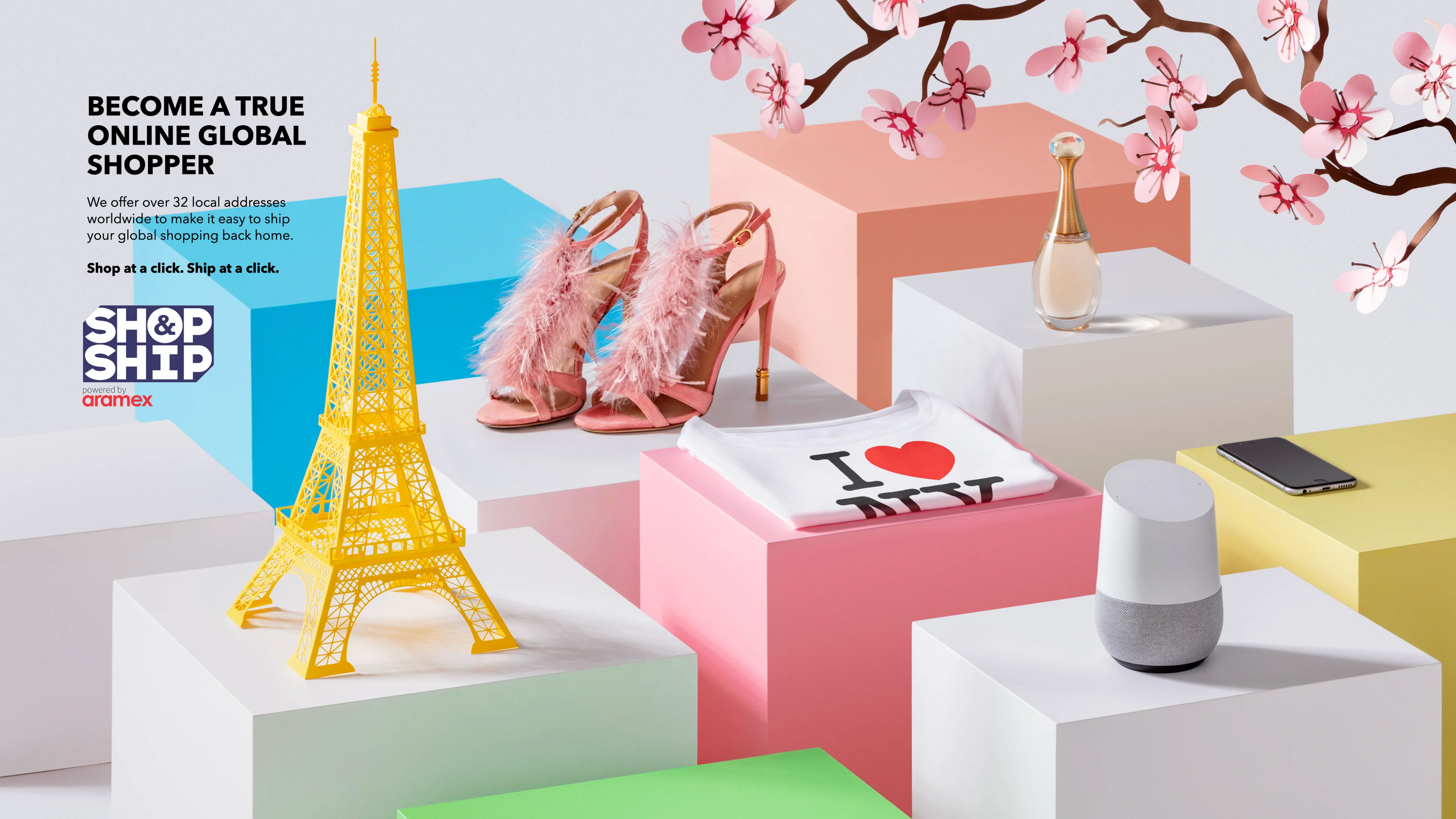 Shop & Ship relaunch campaign ad using handcrafted paper-craft visuals