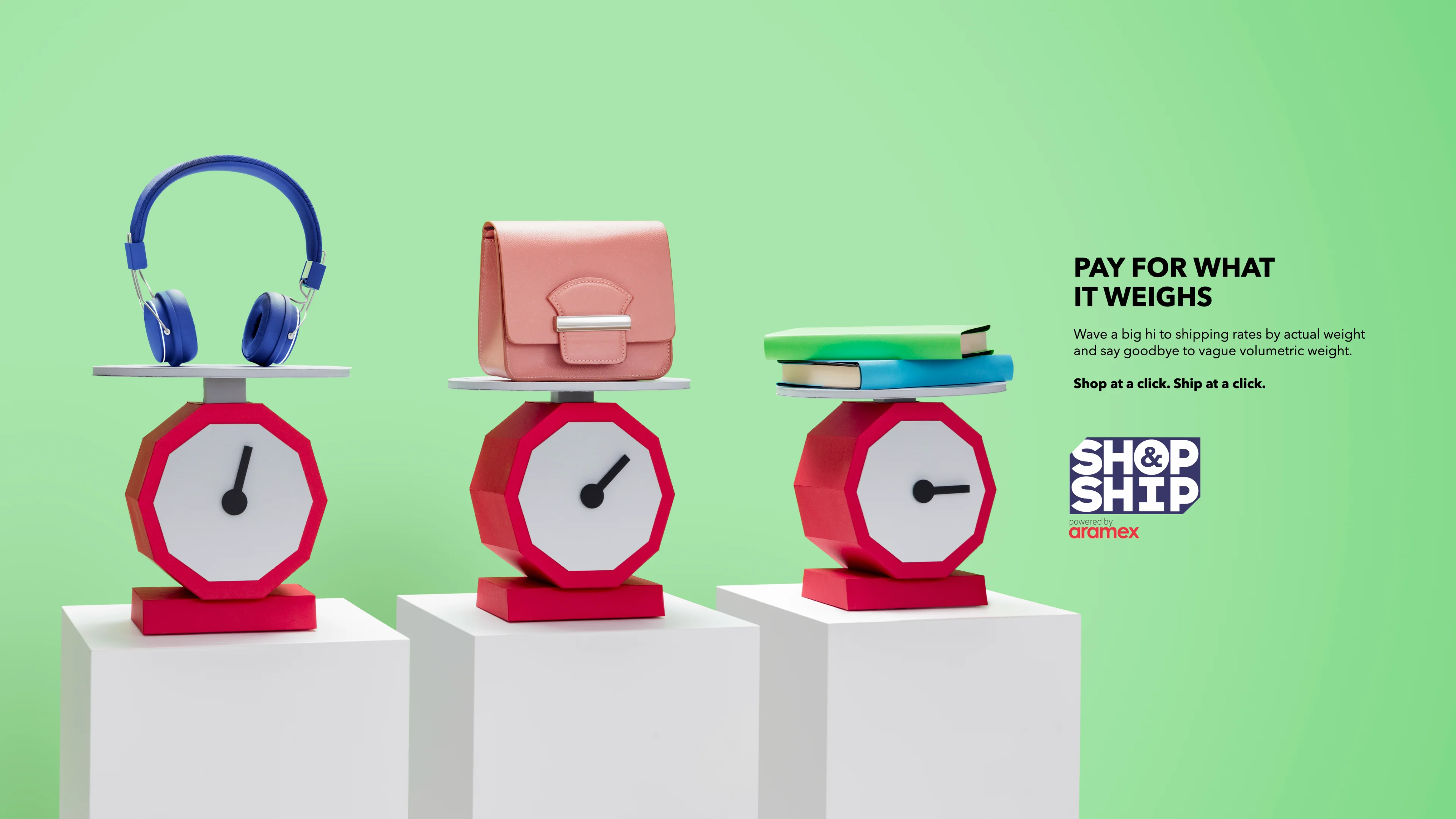 Shop & Ship Pay by Weight campaign ad for international shipping service