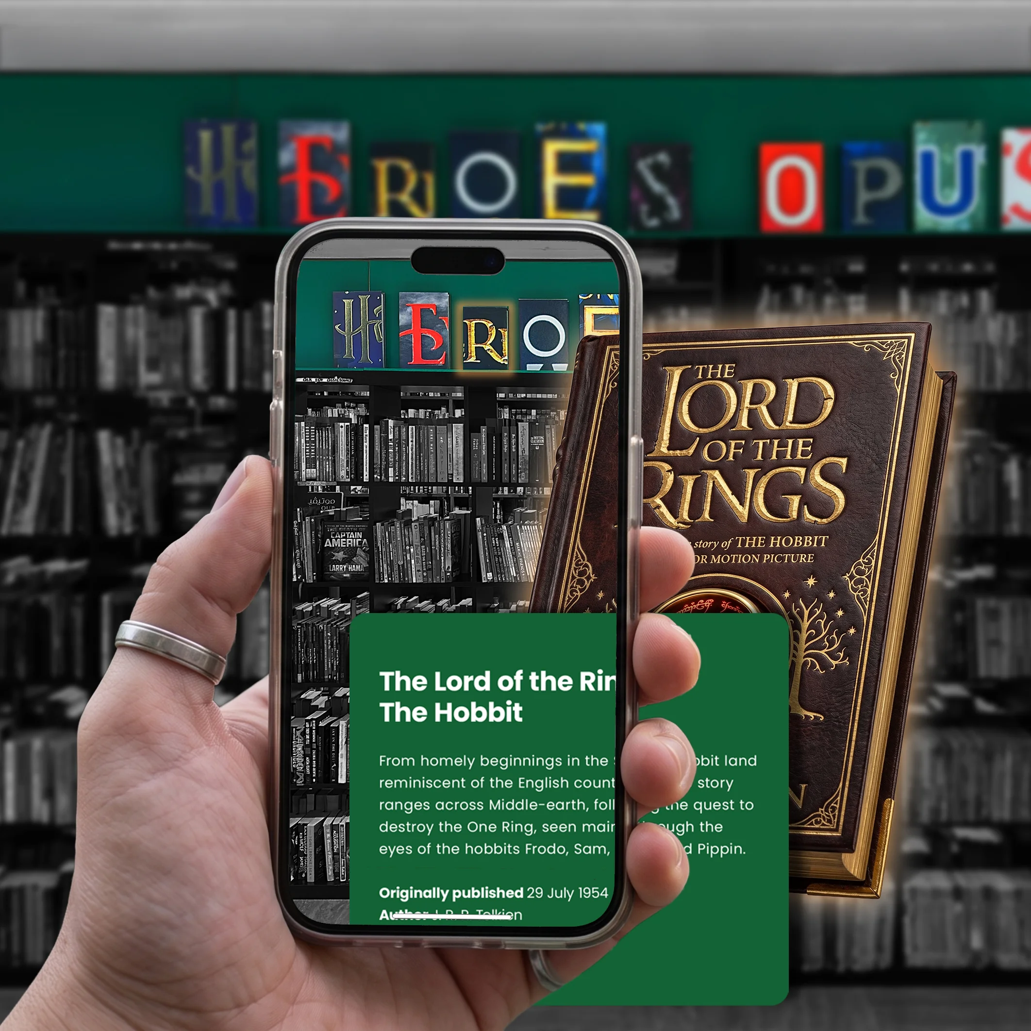 A phone scan experience overlaid with “The Lord of the Rings” book cover, showing the Rearranged interactive browsing concept