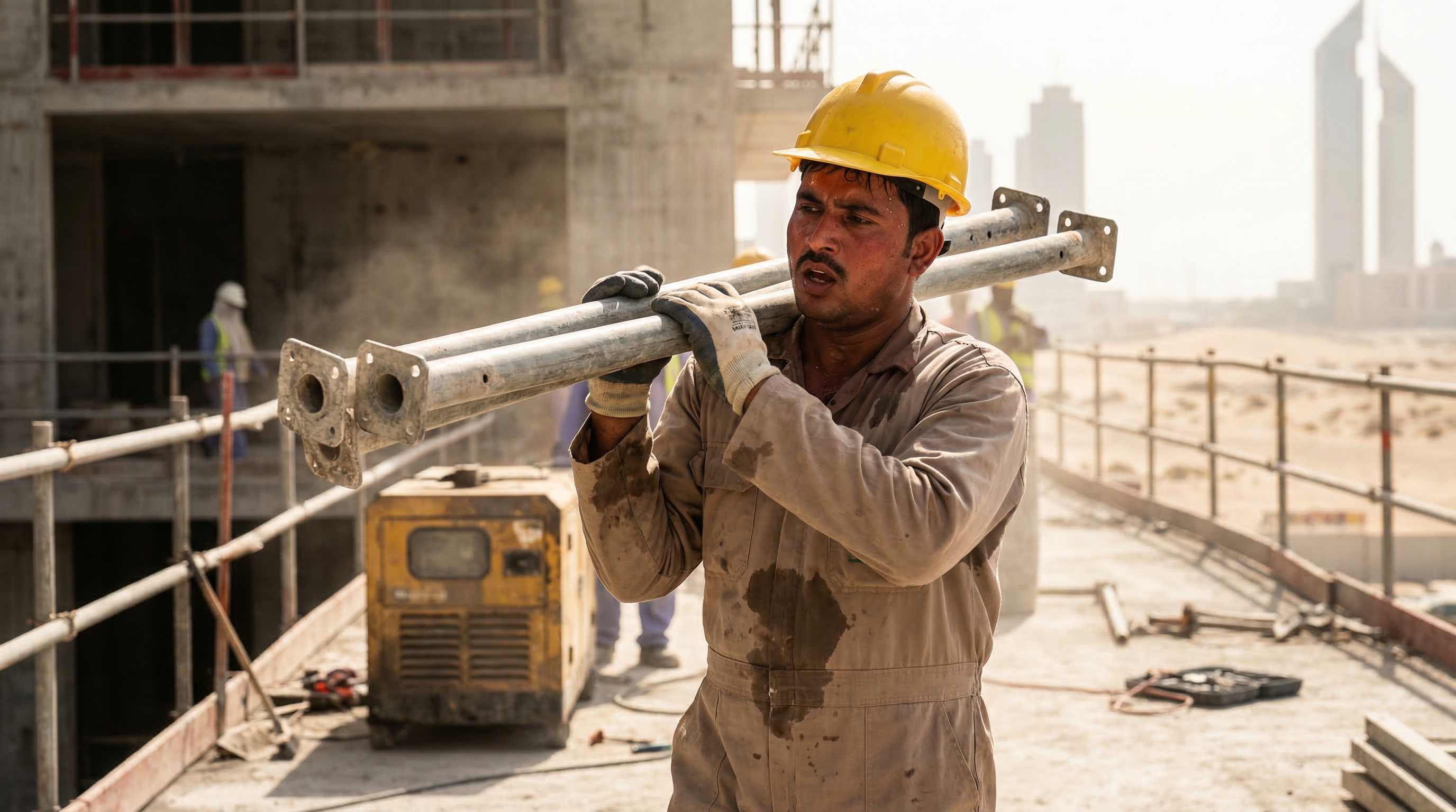 Construction worker working in extreme heat on a high-rise site, carrying metal poles in safety gear, highlighting harsh climate conditions Shamal workwear is built for. Construction worker carrying steel poles on a high-rise site under harsh sunlight, wearing a safety helmet and gloves.