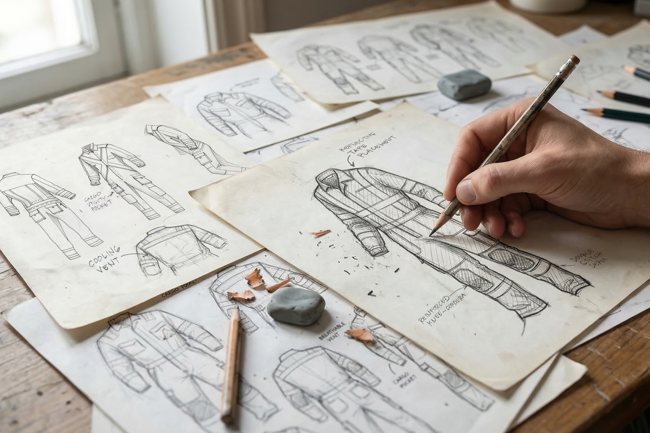 Workwear design sketches and pattern concepts on a desk as a designer drafts technical garment details for Shamal lightweight workwear development. Designer sketching workwear concepts on paper, showing garment features and construction details.