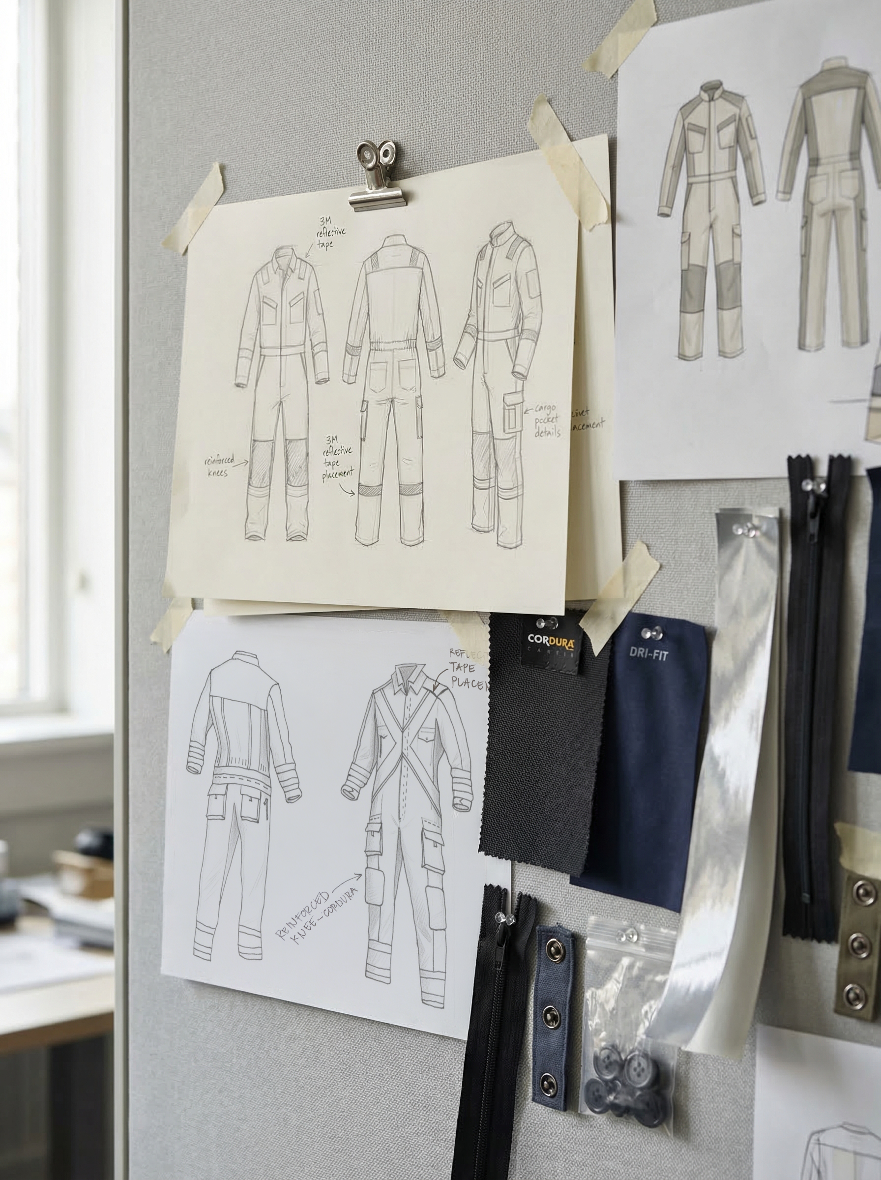 Workwear design sketches with material swatches and trims (CORDURA-style fabric, zips, buttons, reflective tape) used to develop Shamal lightweight performance workwear. Workwear sketches pinned to a board alongside fabric swatches, zips, buttons, and reflective tape samples.