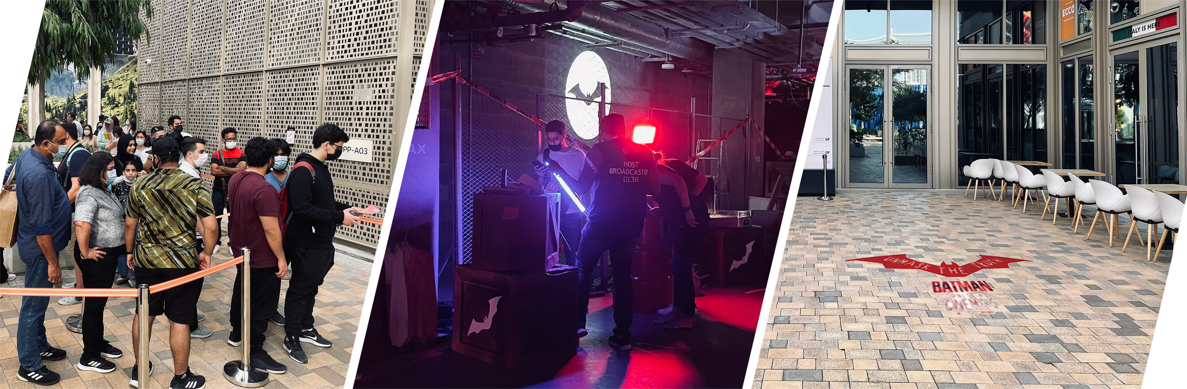 Gotham City Pavilion immersive fan experience with Batmobile Batcave riddles and passport stamp