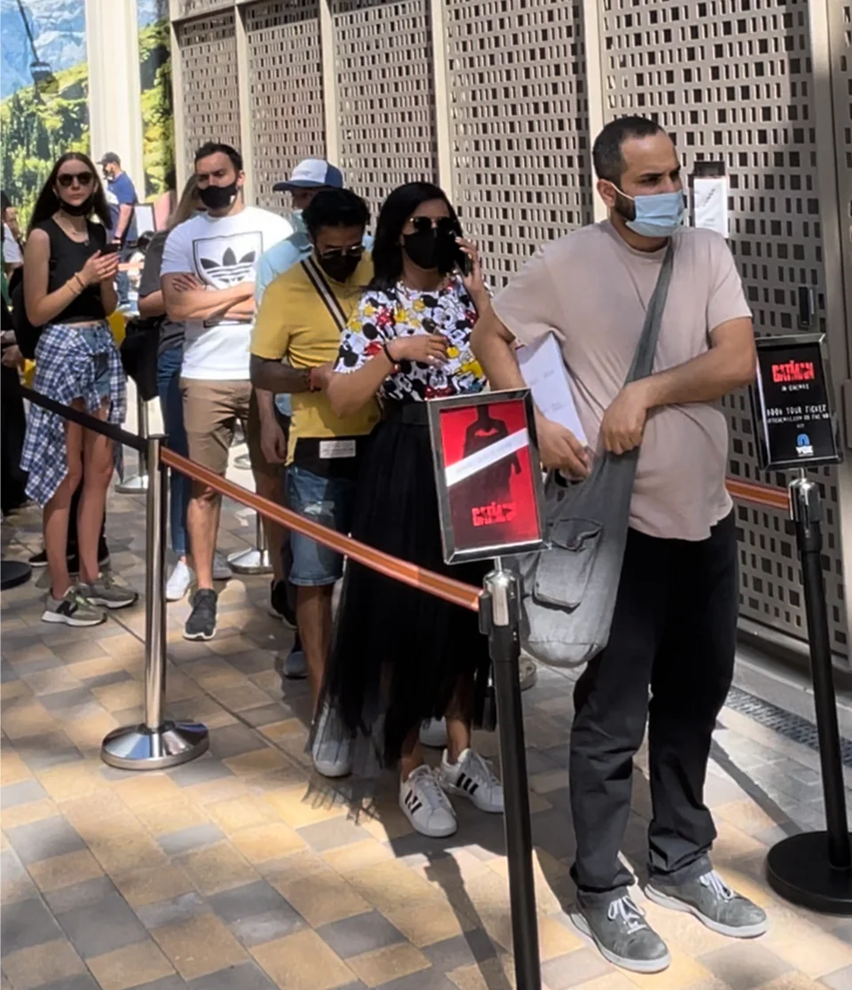 Visitors queuing outside Gotham City Pavilion at Expo 2020 Dubai