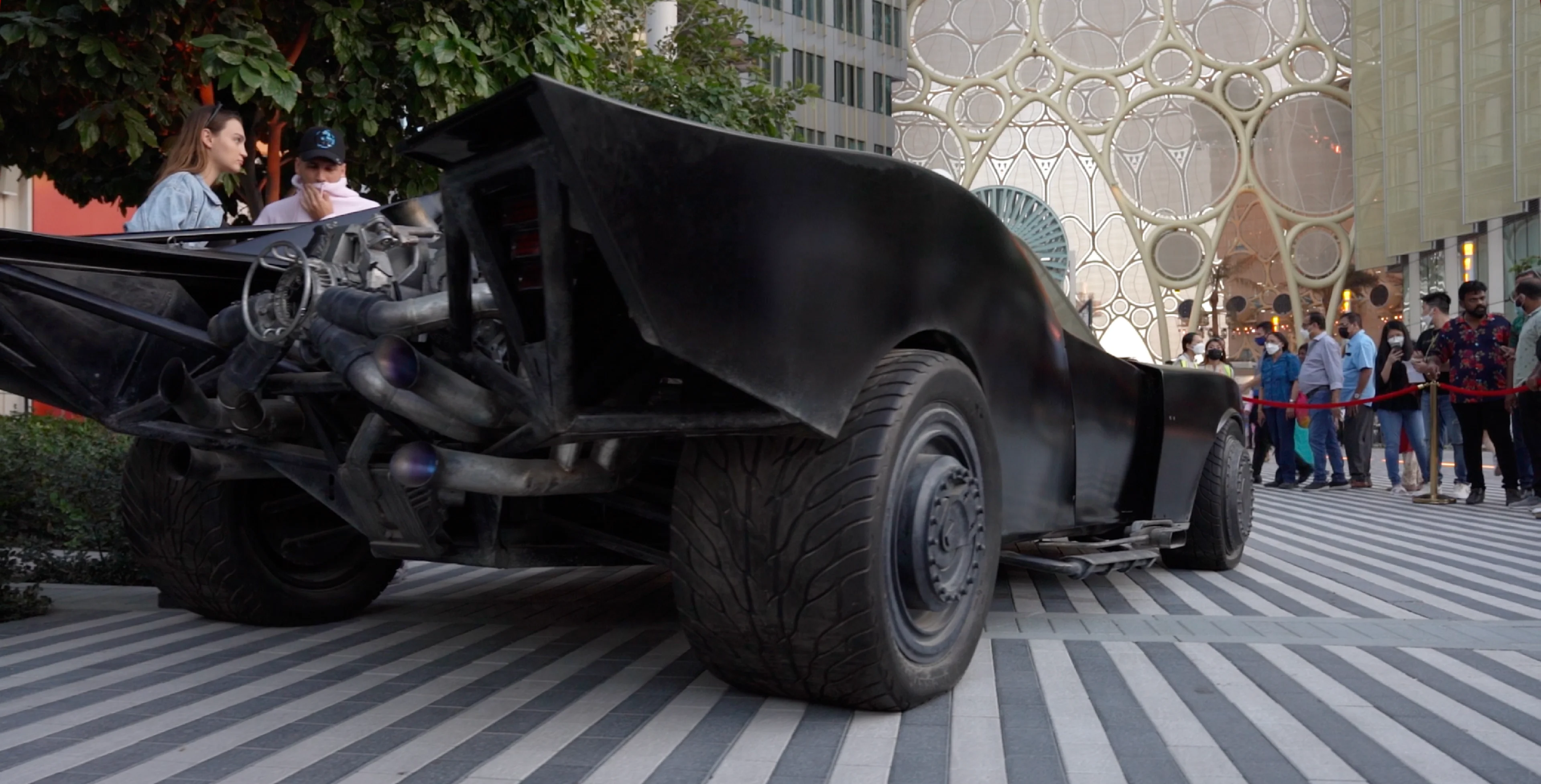 Batmobile displayed outside Gotham City Pavilion at Expo 2020 Dubai Opportunity District