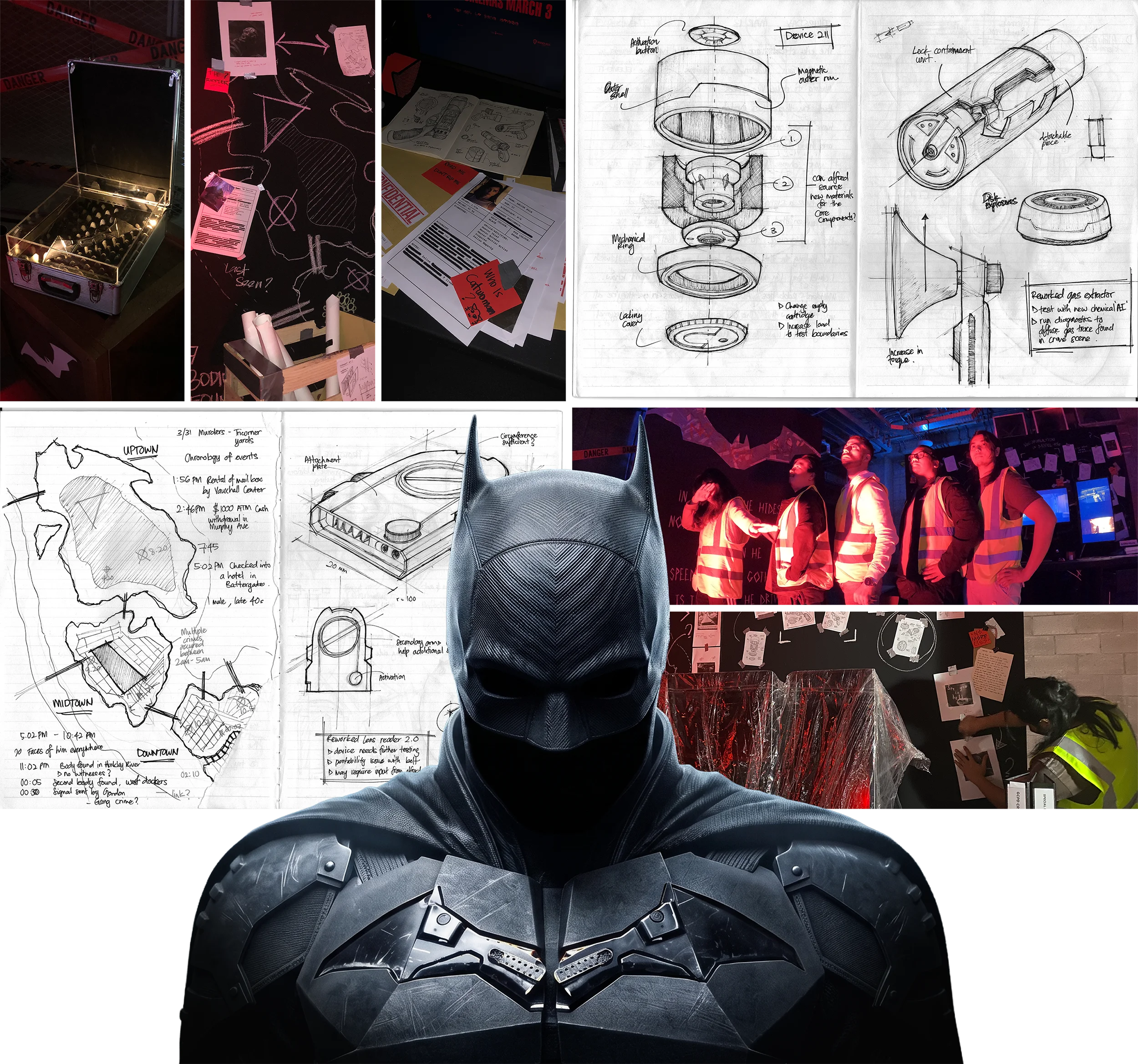 Close-up of Batman investigation props and evidence inside Gotham City Pavilion