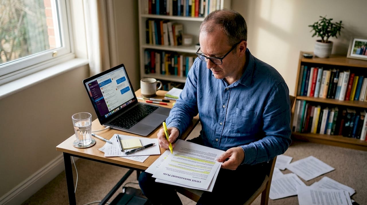 Manager reviewing crisis plan in home office