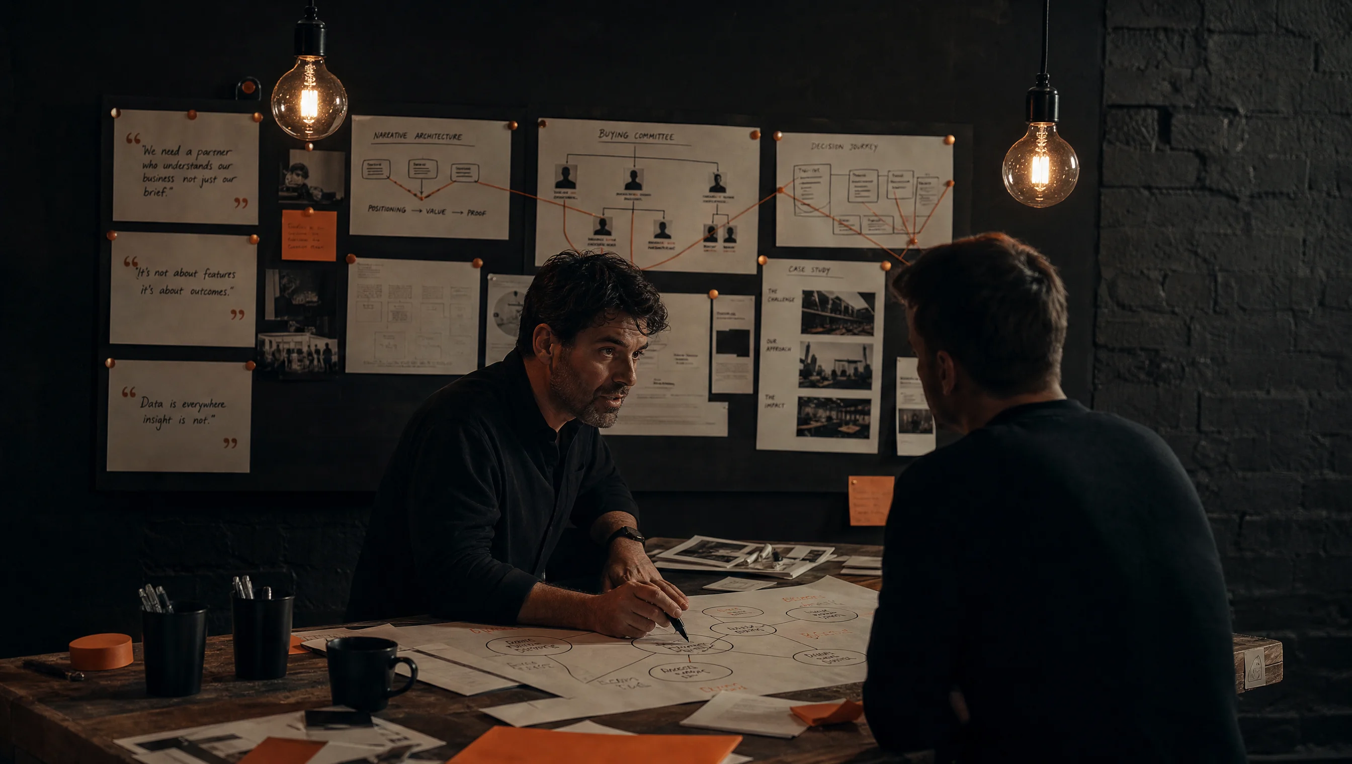 B2B storytelling methodology, strategist and sales lead mapping a buying committee at the Almost Impossible studio