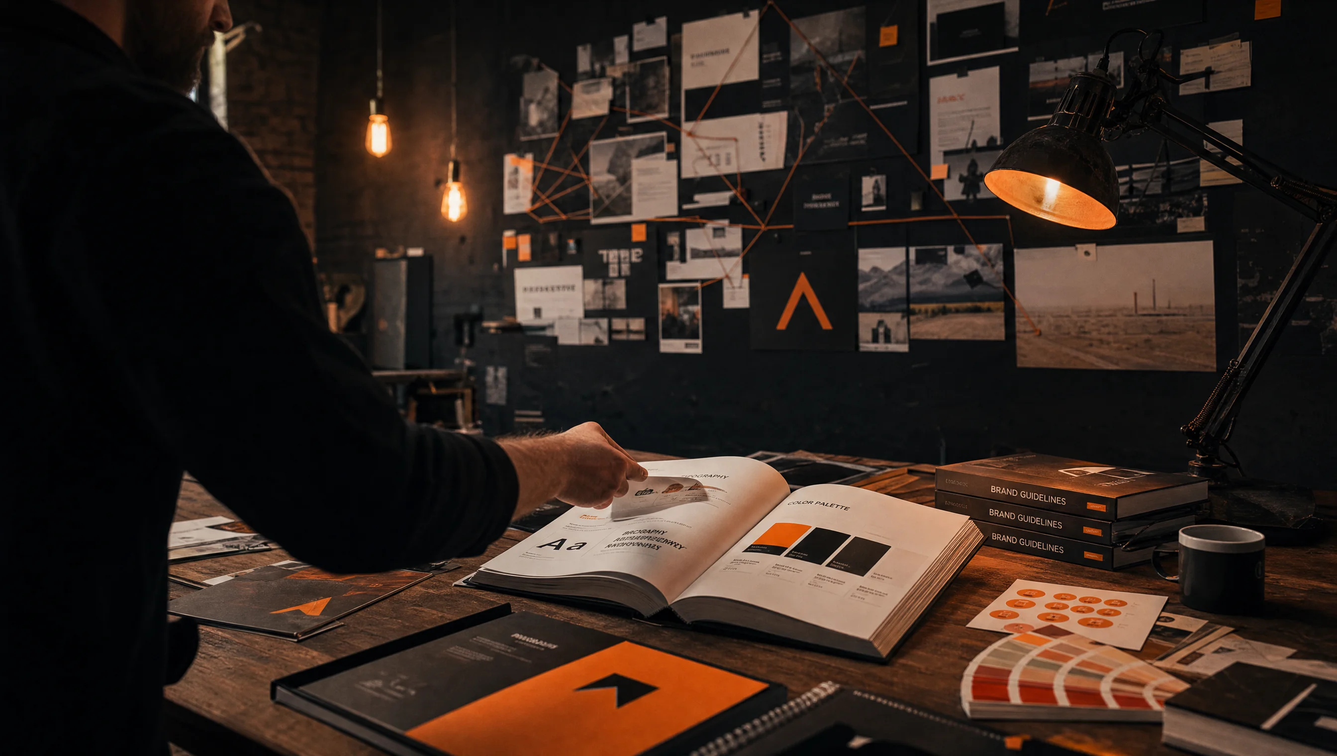 Brand identity deliverables, open guidelines book with type and colour spreads beside brand asset prints in the Almost Impossible studio