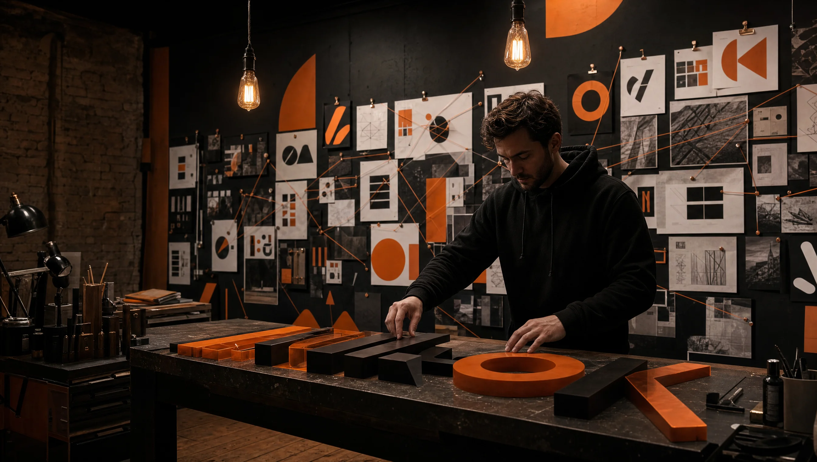 Brand identity methodology at Almost Impossible, designer arranging logo lockup typography blocks at studio workbench, pinboard of brand exploration behind