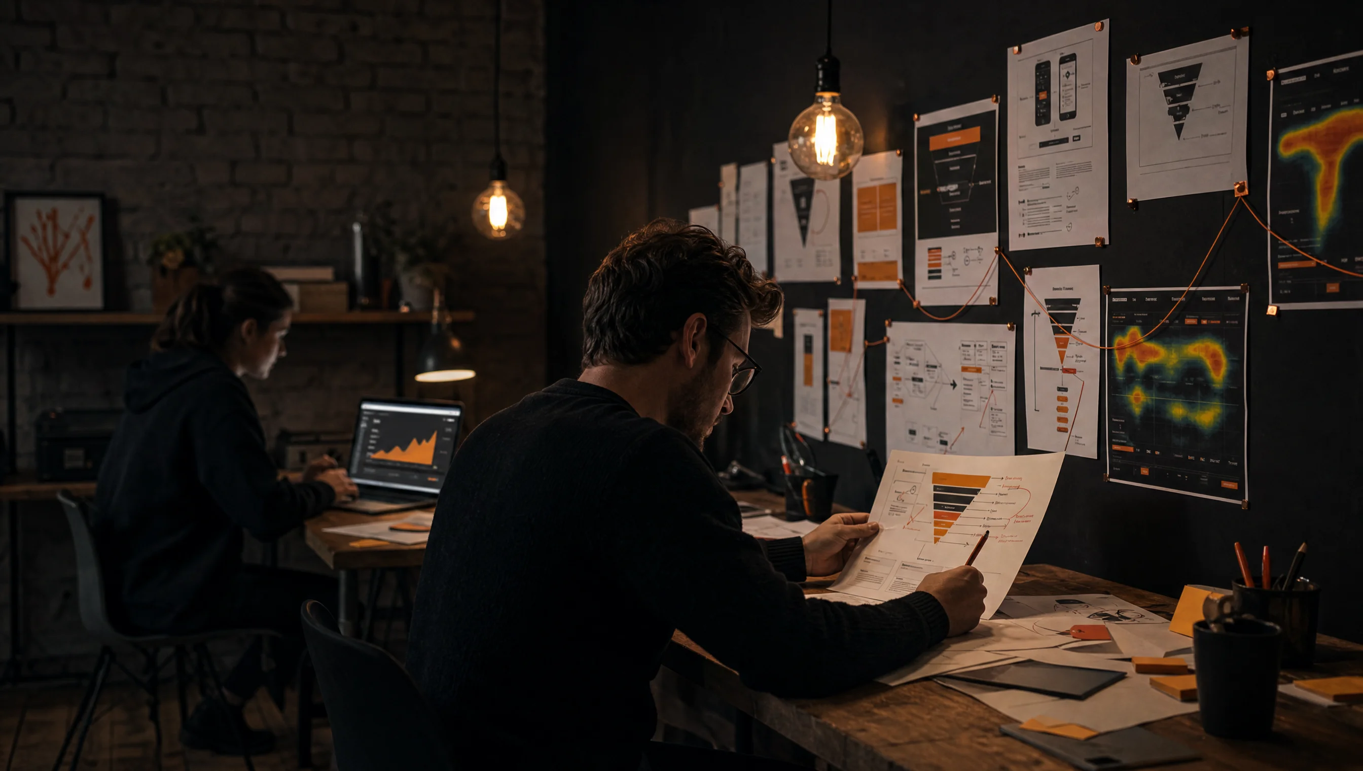 Commerce and conversion methodology, analysts reviewing funnel diagrams and heatmaps at the Almost Impossible studio