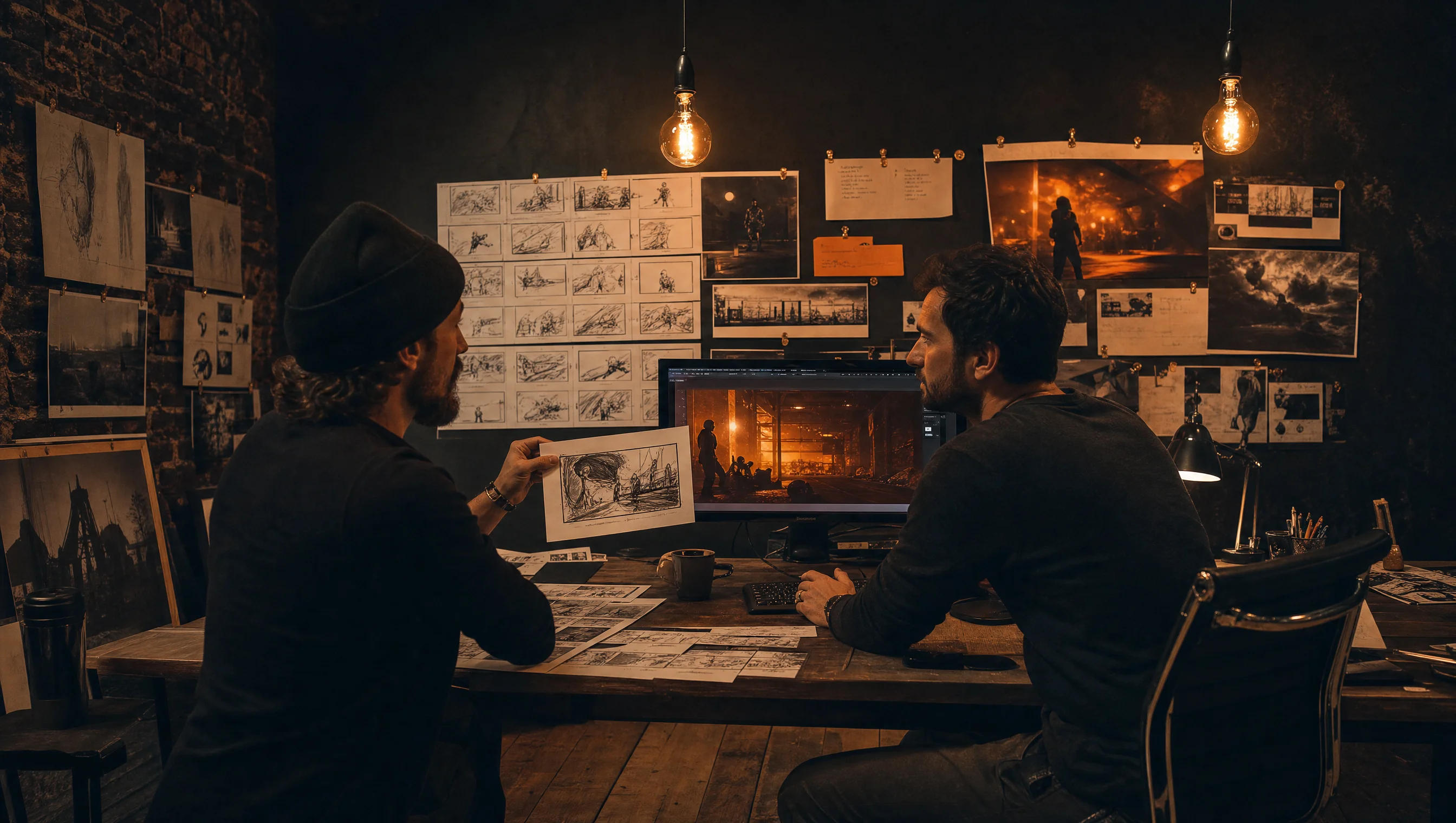 Digital film methodology, director and editor reviewing storyboards and film stills at the Almost Impossible studio