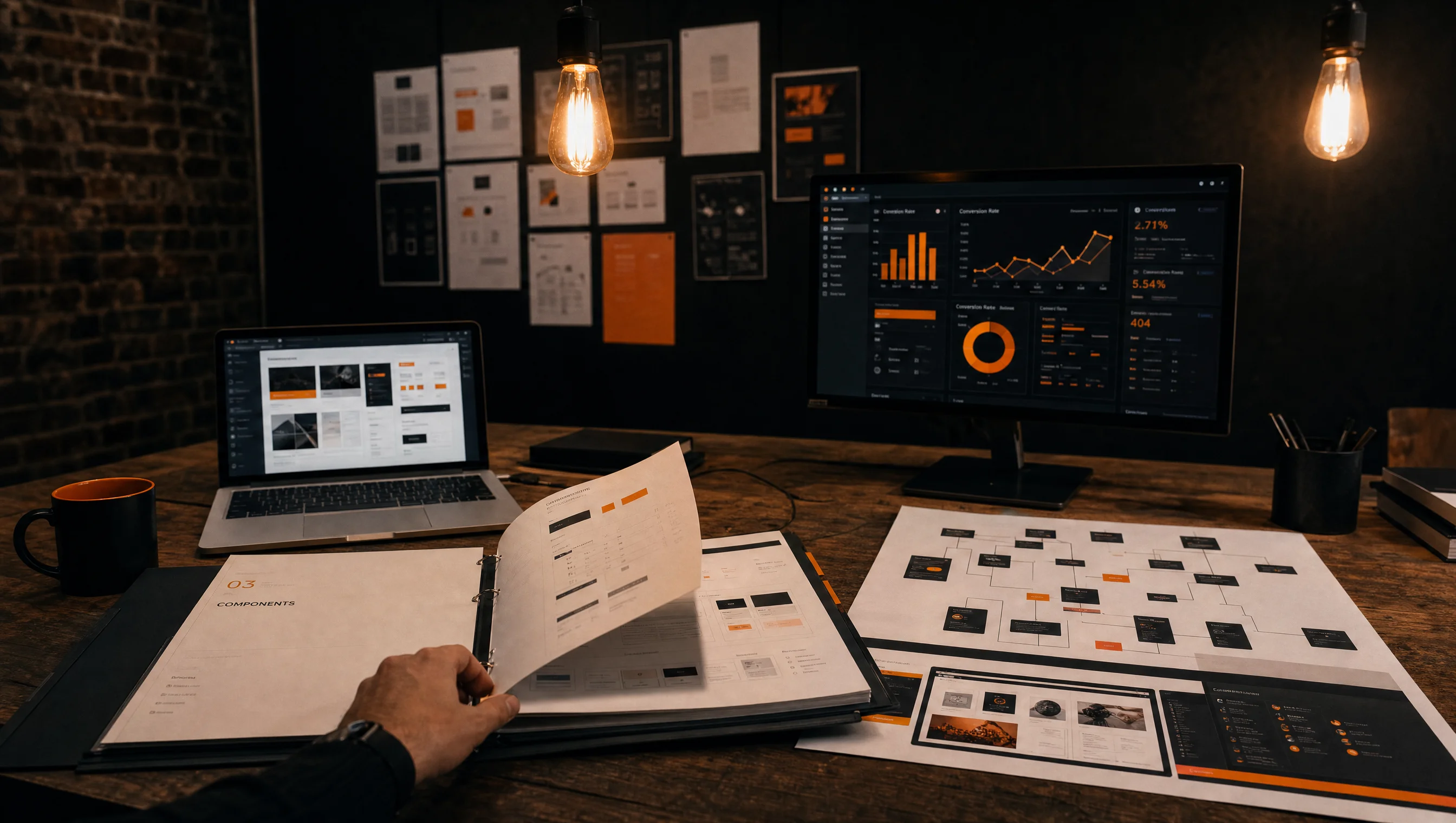 Digital platform deliverables, design system, analytics dashboard and CMS preview on the Almost Impossible studio table