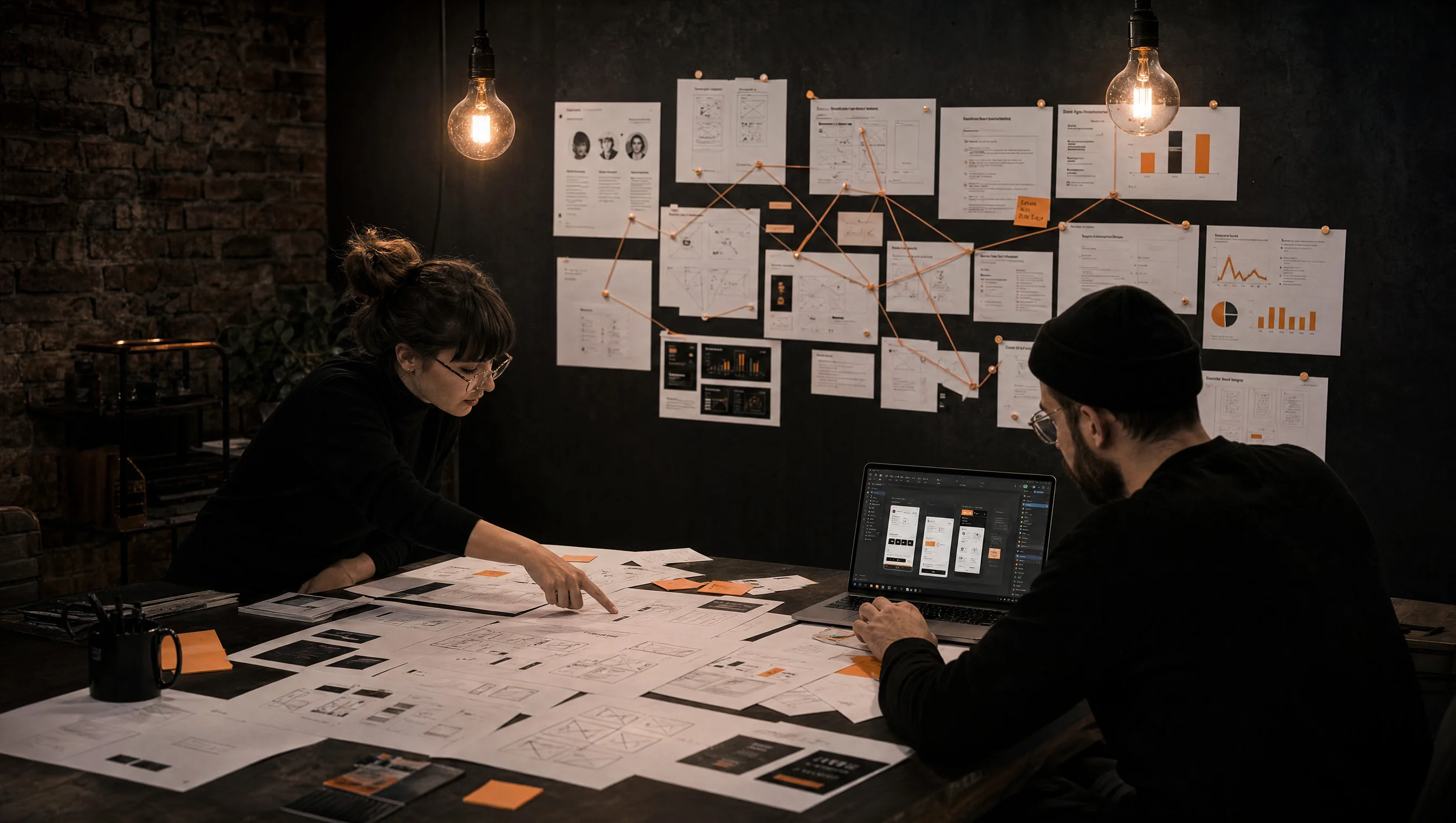 Digital platforms and UX methodology, researchers reviewing wireframes, IA diagrams and analytics at the Almost Impossible studio
