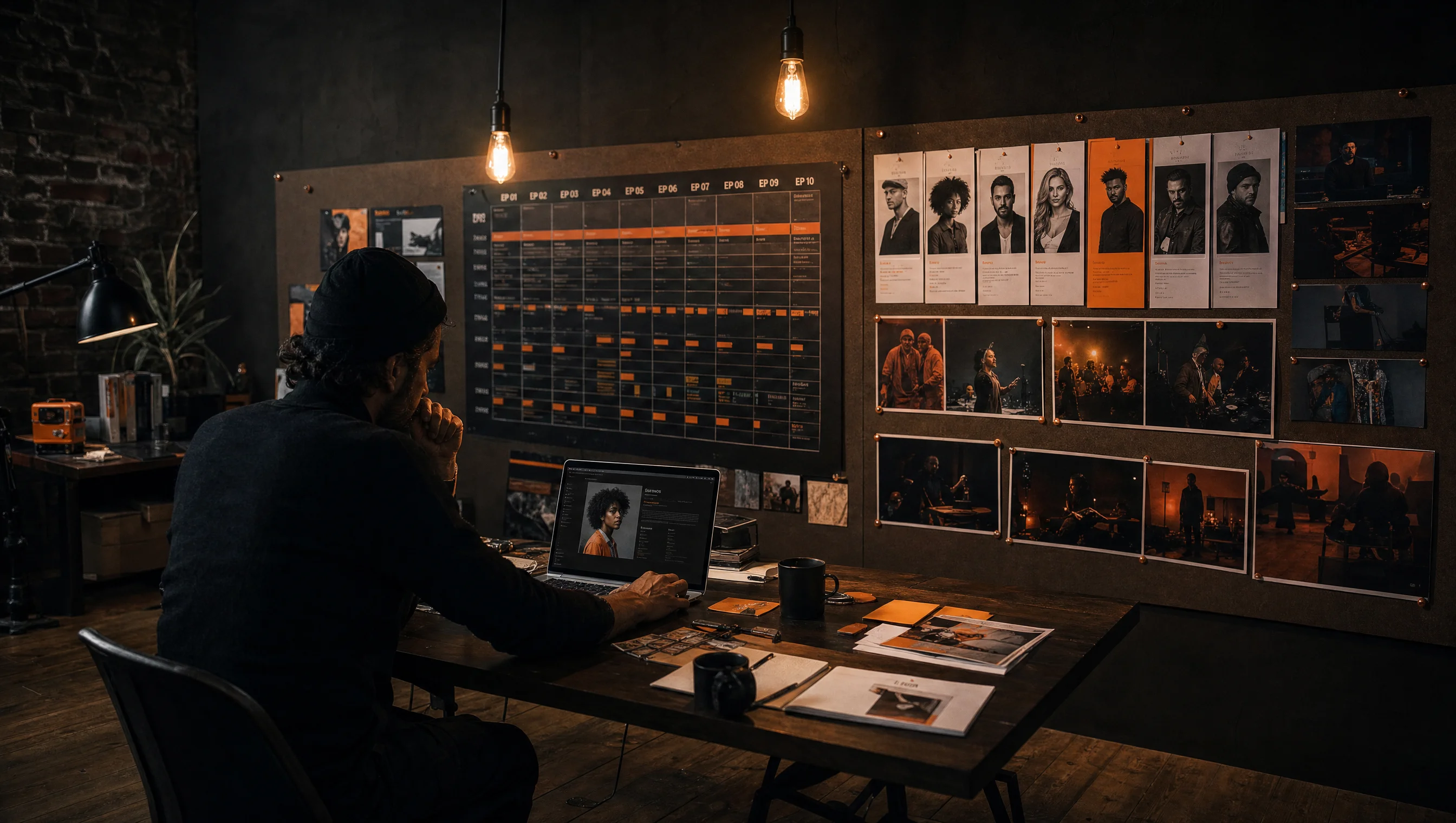 Entertainment experience methodology, producer reviewing season schedule and talent partner briefs at the Almost Impossible studio