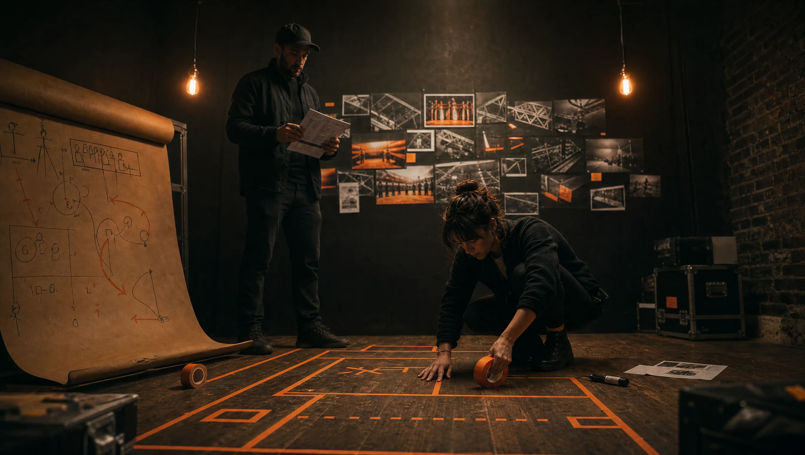 Experiential events methodology, designer laying out venue tape outlines with production lead at the Almost Impossible studio