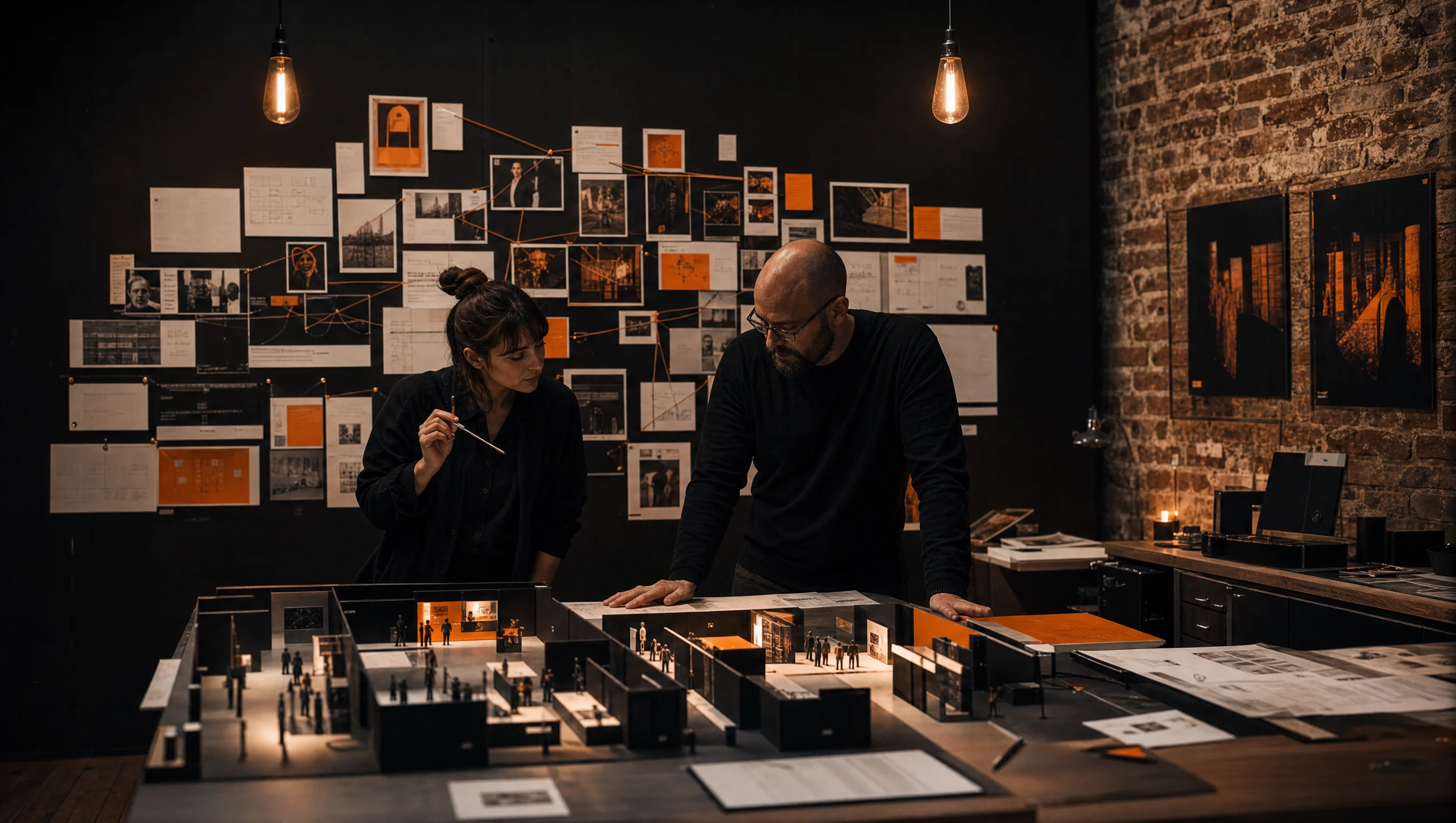 Immersive exhibition methodology, curator and designer with scale model and storytelling arc wall at the Almost Impossible studio