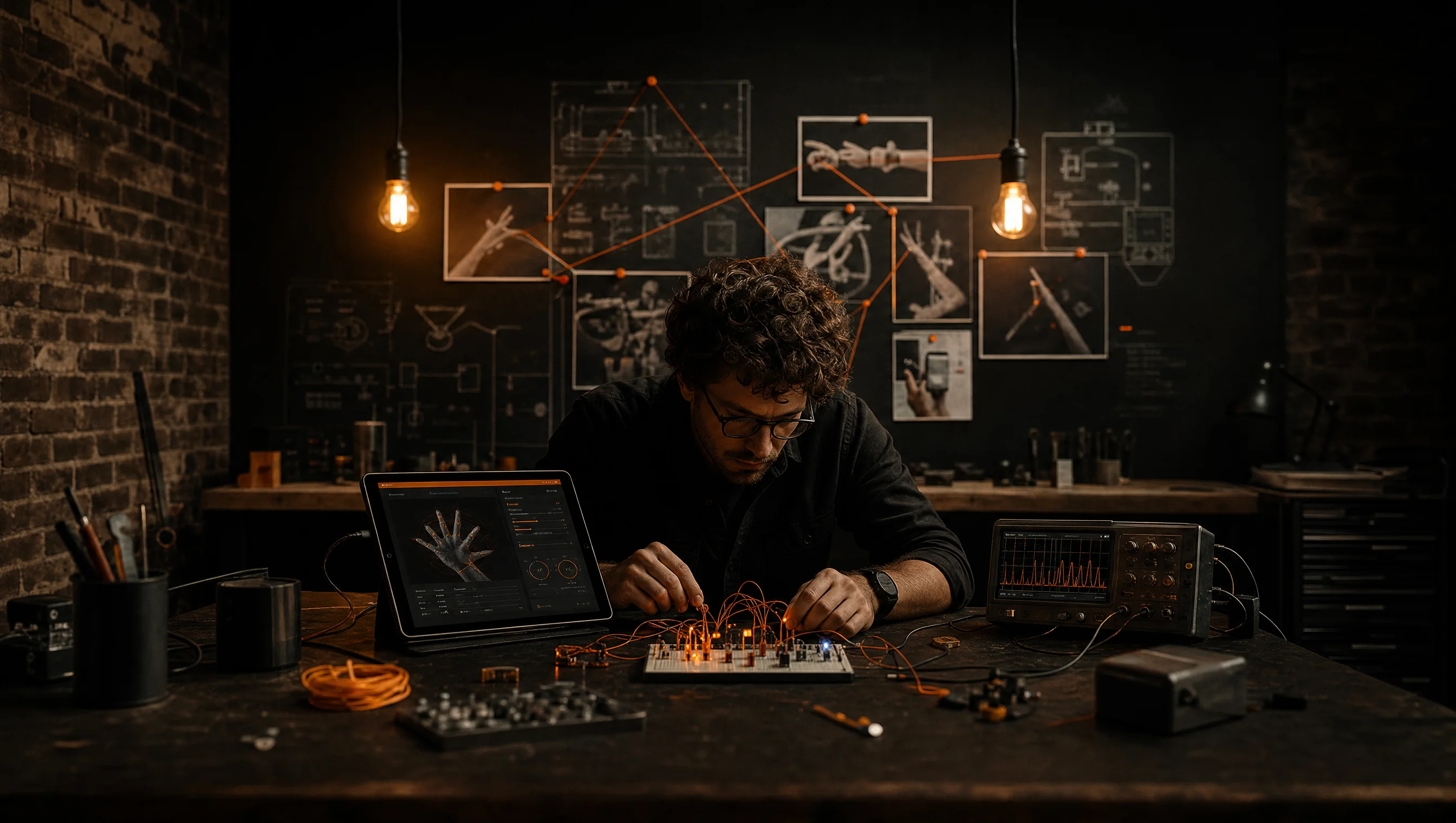 Interactive and phygital methodology, technologist prototyping hardware breadboard with AR overlay references at the Almost Impossible studio