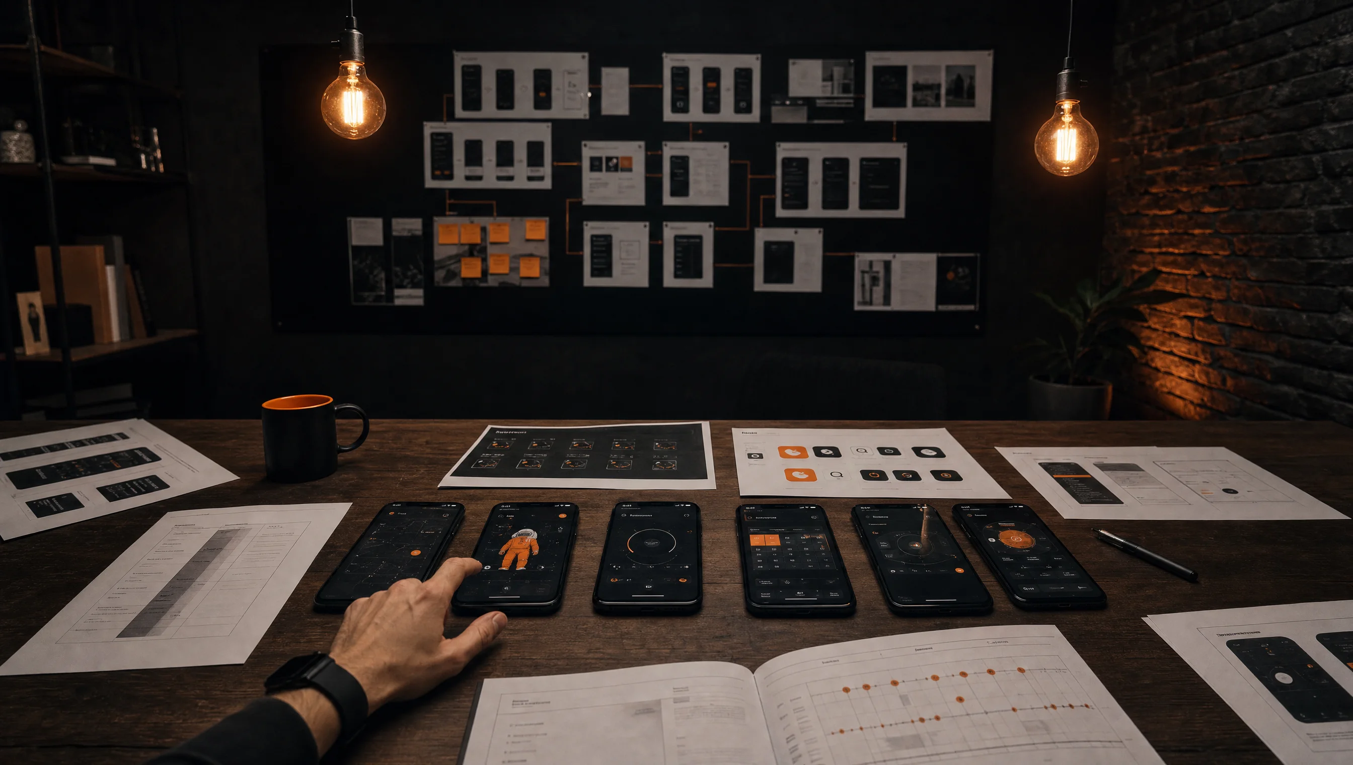 Mobile app deliverables, phones showing priority screens, animation spec and App Store assets at the Almost Impossible studio
