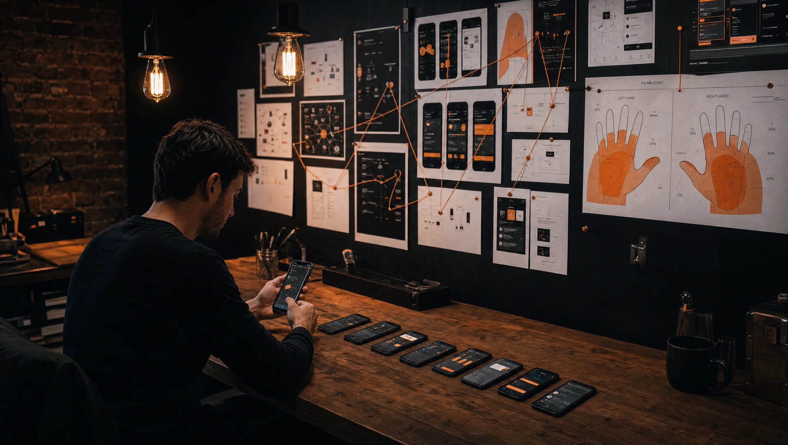 Mobile experience methodology, designer testing iOS prototype with phones laid out across the Almost Impossible studio workbench