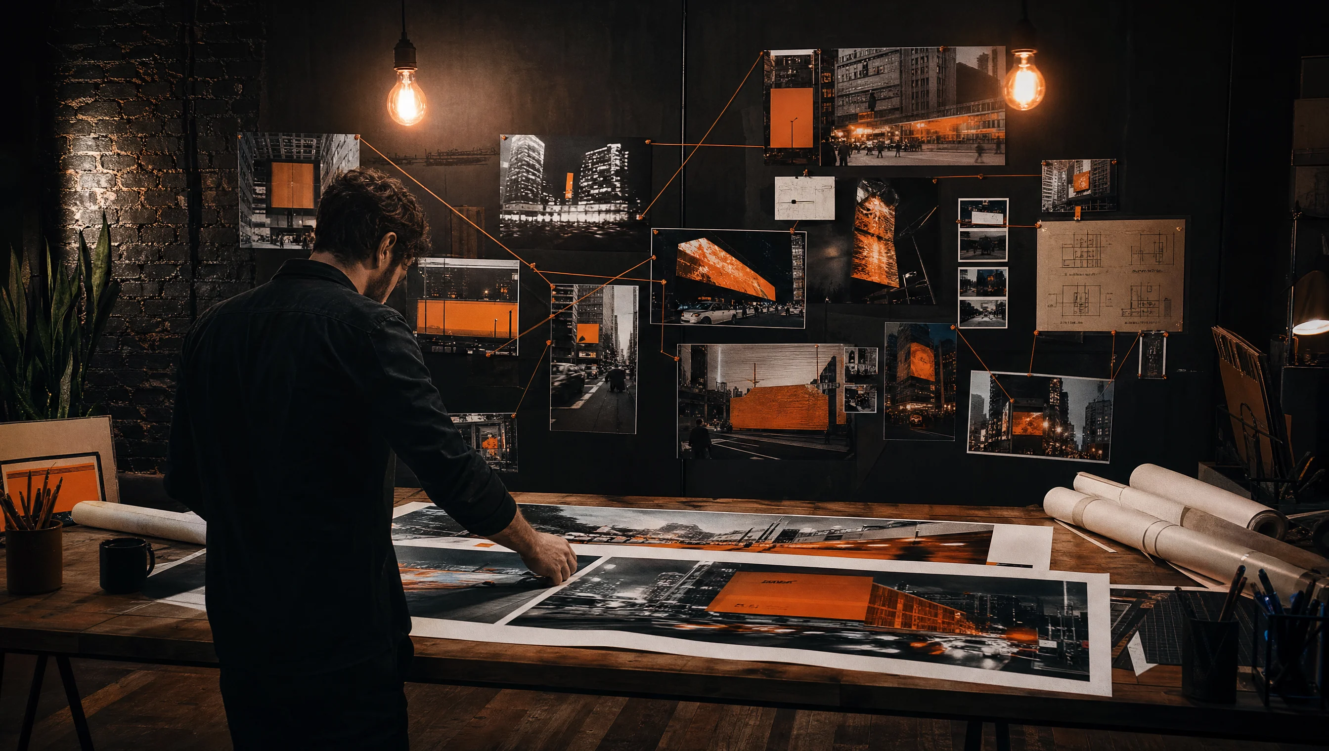 Outdoor branding methodology, designer reviewing billboard mockups and city placement collages at the Almost Impossible studio