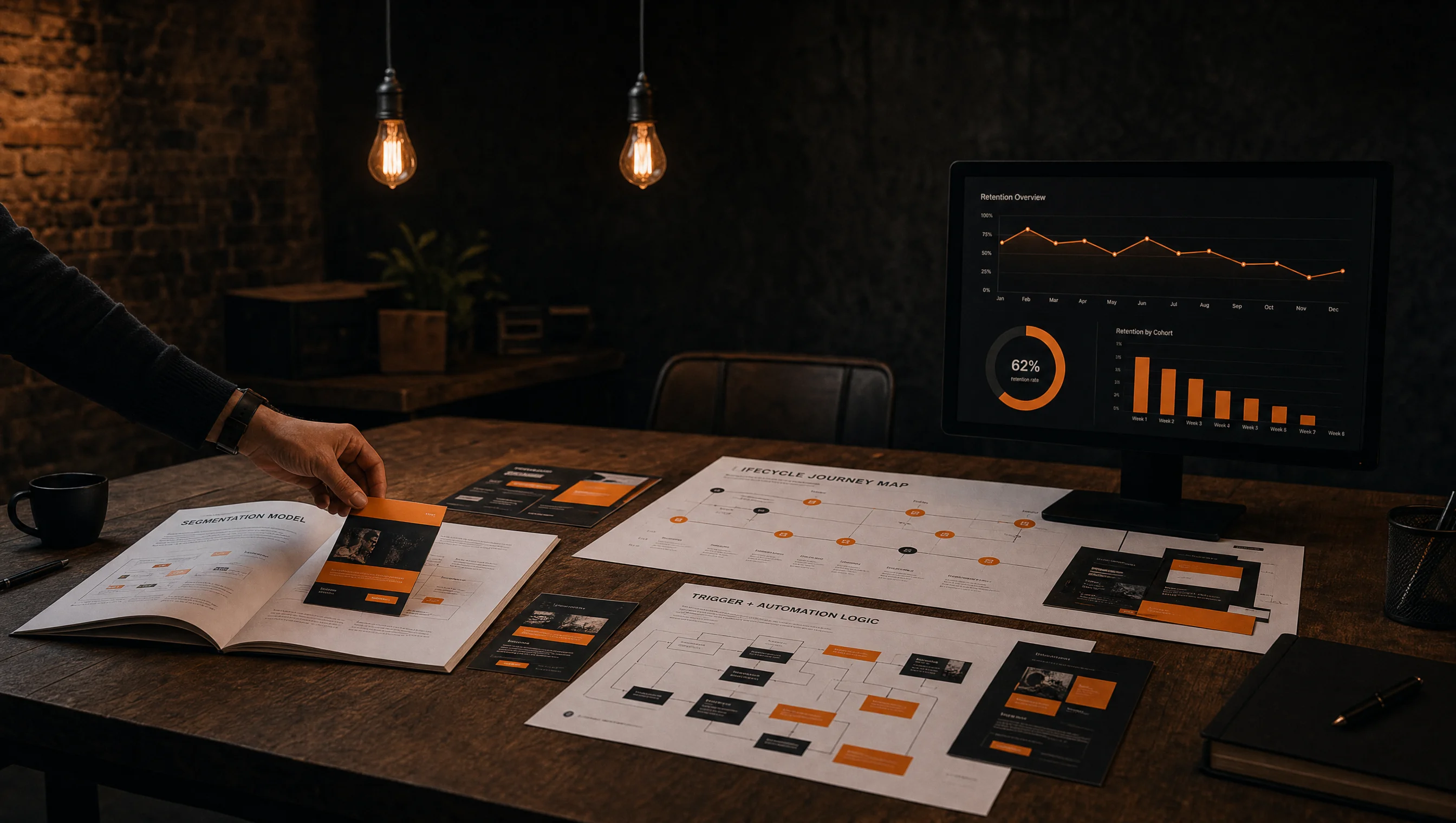 CRM deliverables, segmentation model, lifecycle map and email templates on the Almost Impossible studio table