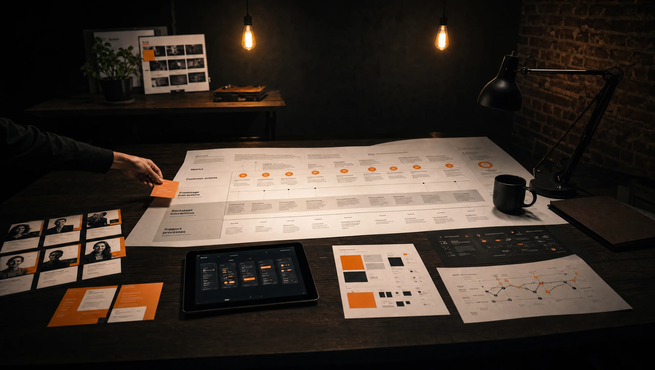 Product and service design deliverables, service blueprint poster, persona cards, prototype on tablet at the Almost Impossible studio table