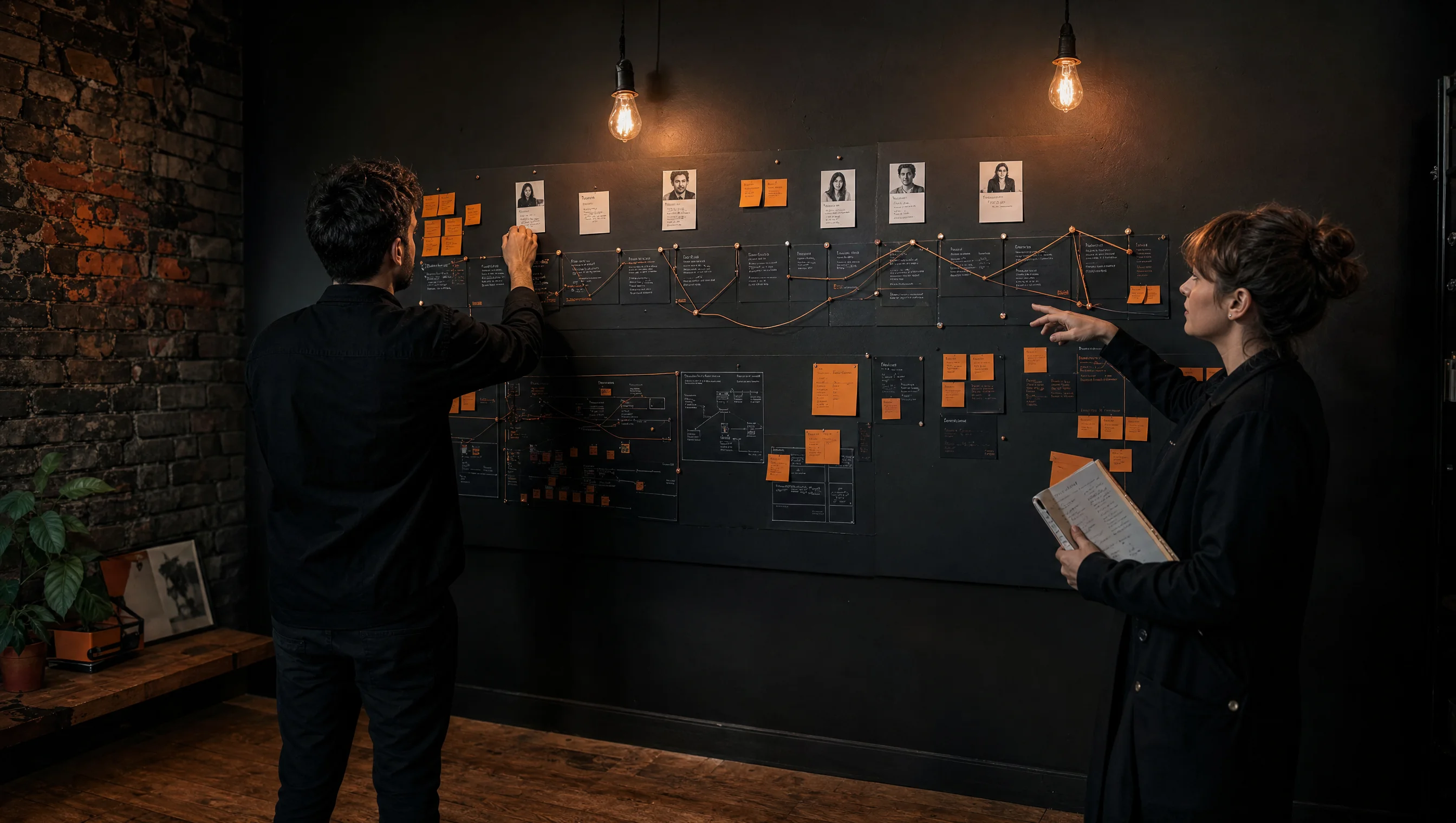 Product and service design methodology, researchers mapping customer service-flow cards on the studio pinboard at Almost Impossible Agency