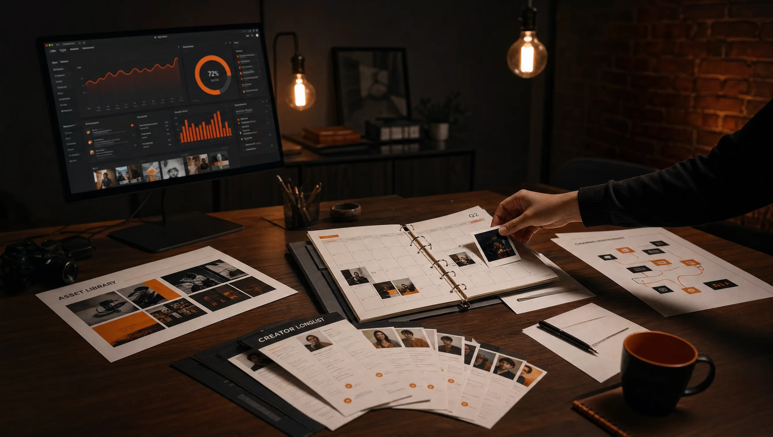 Social content deliverables, editorial calendar, creator longlist and template library on the Almost Impossible studio table