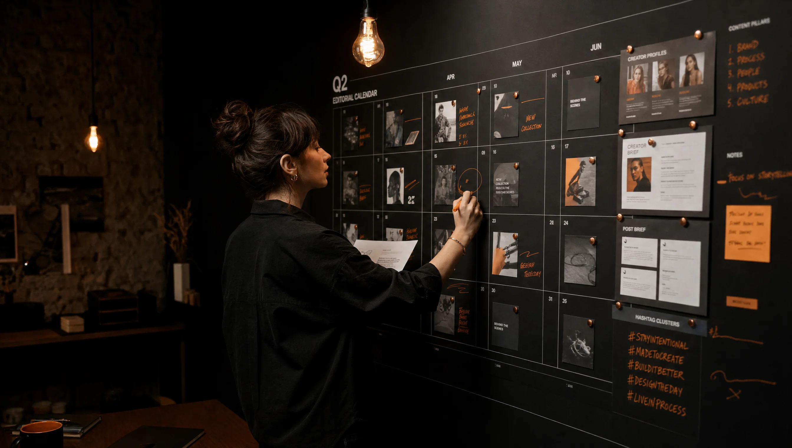 Social and creator content methodology, strategist marking up an editorial calendar wall at the Almost Impossible studio