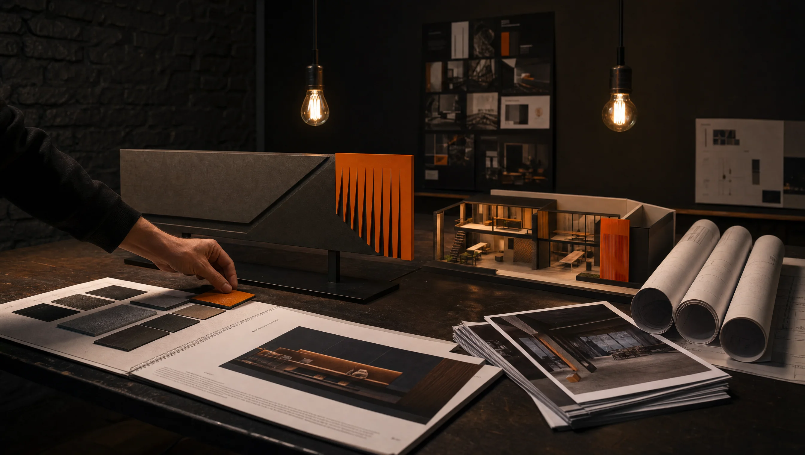 Spatial brand design deliverables, signage prototype, material specification, scale model and fabrication drawings on Almost Impossible studio table