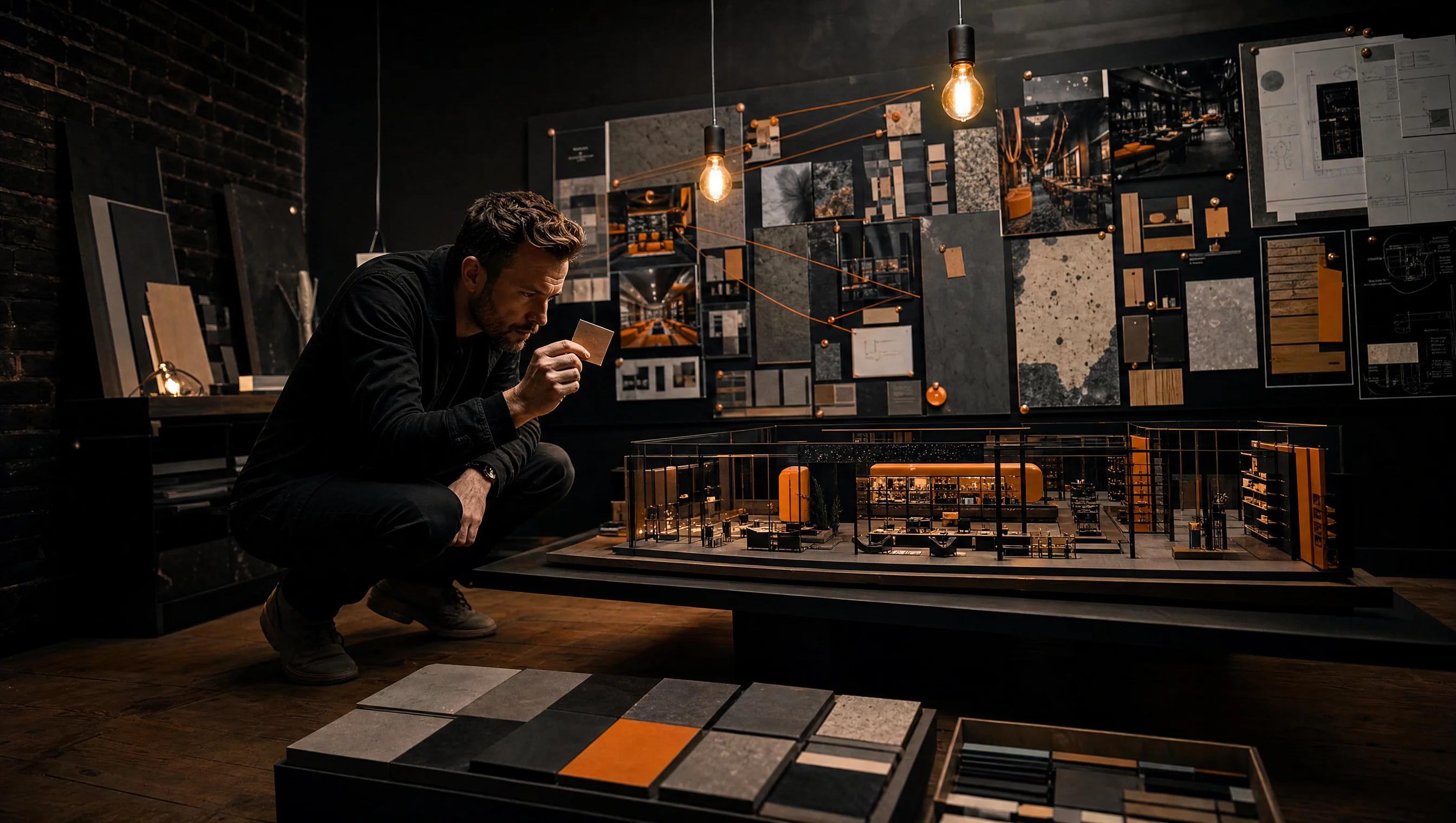 Spatial brand design methodology, designer with flagship retail scale model and material swatches at Almost Impossible studio